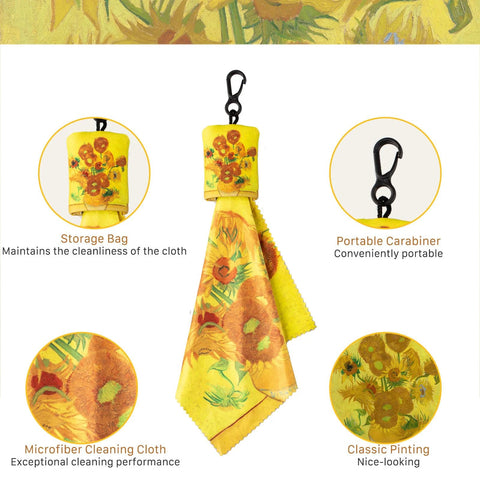 Seabbo microfiber glasses cloth set, 4pc with yellow sunflower print, double-sided, includes carabiner keychain.