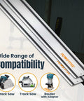 55 Inch Track Saw Guide Rail For Makita And Festool Saws displayed with compatible tools like router and track saw