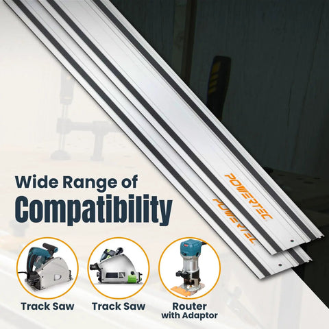 55 Inch Track Saw Guide Rail For Makita And Festool Saws displayed with compatible tools like router and track saw