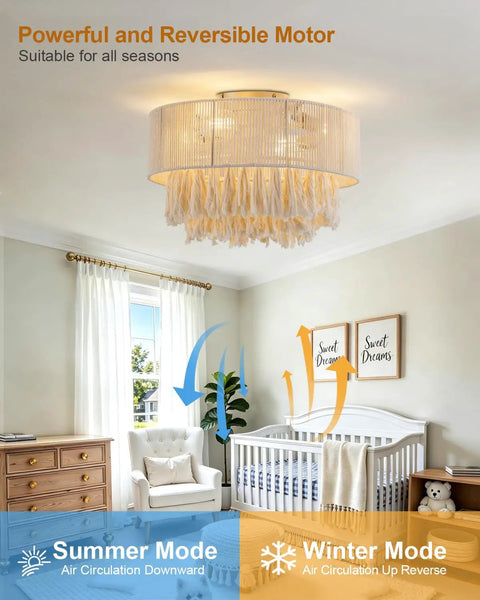XINGSIYUELYX Ceiling Fan with Light in gold color, showcasing summer and winter modes in a cozy nursery setting.