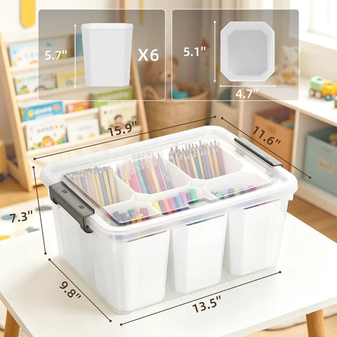 Clear Plastic Storage Bins With Lids 17 Qt Set, Multipurpose Stackable Containers For Organizing Tools, Craft Supplies, Crayons And More In A Handy Box System shown with dimensions and inserts.
