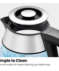 Close-up of Cordless Glass Electric Kettle With Infuser 1.2L 1500W Fast Boil BPA Free Auto Shut Off No Fuss Boil Dry Protection.