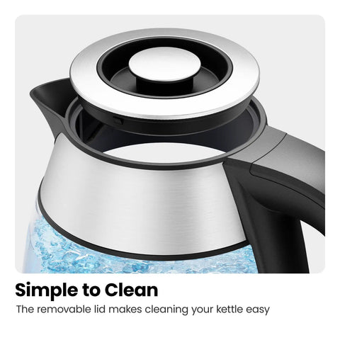 Close-up of Cordless Glass Electric Kettle With Infuser 1.2L 1500W Fast Boil BPA Free Auto Shut Off No Fuss Boil Dry Protection.