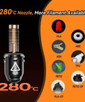 Nozzle Assembly For Adventurer 5M 3D Printer Quick-Release 0.8mm Nozzle High Temp 280C with filament compatibility icons