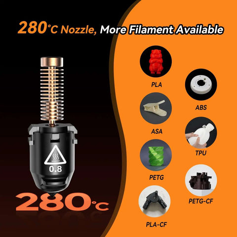 Nozzle Assembly For Adventurer 5M 3D Printer Quick-Release 0.8mm Nozzle High Temp 280C with filament compatibility icons