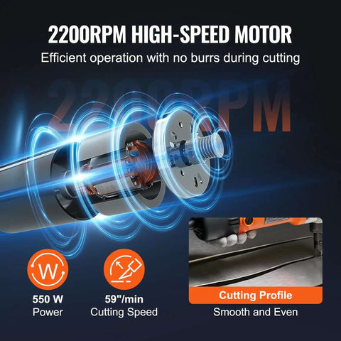Sheet Metal Nibbler Power Cutter 550W Pro Electric Tool 2200 RPM motor diagram and cutting profile display