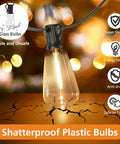 Remote Dimmable Outdoor String Lights, 50ft Run With 25+1 ST38 Edison Bulbs, 3 Color Modes, cracked background, shatterproof bulb