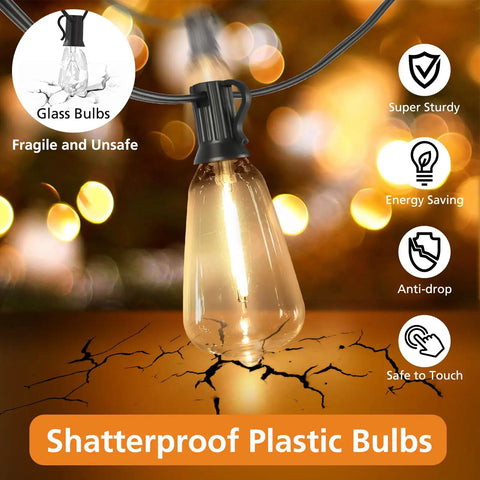 Remote Dimmable Outdoor String Lights, 50ft Run With 25+1 ST38 Edison Bulbs, 3 Color Modes, cracked background, shatterproof bulb