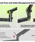 Close-up of adjustable knobs on Beefy Heavy Duty Microphone Arm Desk Mount For Heavy Mics, showing cable management features.