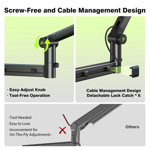 Close-up of adjustable knobs on Beefy Heavy Duty Microphone Arm Desk Mount For Heavy Mics, showing cable management features.