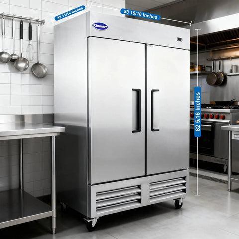 Rock Solid Stainless Steel Two Door Commercial Freezer 54 Inch Wide 49 Cubic Foot Reach In Unit Slick Auto Defrost Frost Free Storage Built Tough For Pro Restaurants And Bars