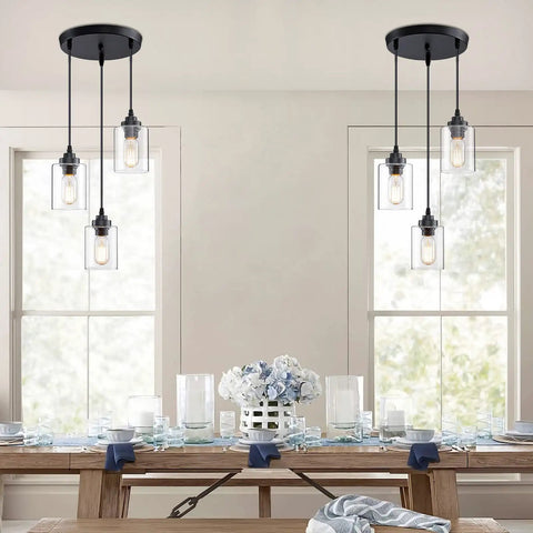 Three Light Pendant Lighting Fixture For Kitchen Island And Dining Area With Adjustable Cords And Glass Shades In Black Finish