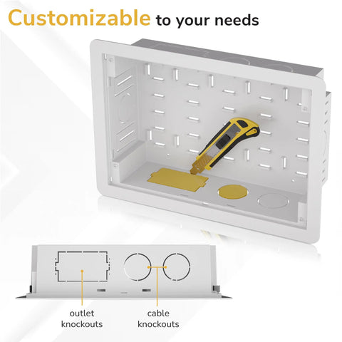 Recessed In Wall TV Media Box With Ventilated Cooling To Hide Streaming Boxes And Routers For A Straight Fire Media Setup Supporting Up To 22 Lbs showing customizable inner structure and knockouts.