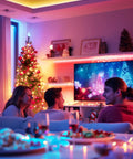 Room with RGB Waterproof LED Strip Lights Kit With Dimmable 5050 Tape adding ambience around TV in a festive setup.