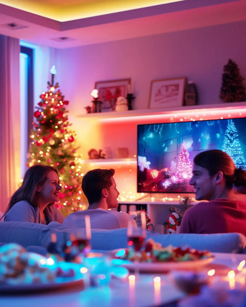 Cozy living room with Color Changing LED Strip Light Kit With Three Dope Pre Cut 12 Inch Segments 36 Inches Total Flexible 5050 LED Lights Includes RF Remote Power Supply And Connectors For TV Room Decor And DIY Lighting around TV and decor.