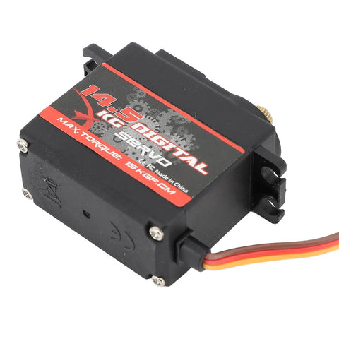 Heavy Duty Full Metal Gear RC Servo Motor Delivering Hella Badass Torque For Rugged Crawlers And Custom Robots Rock Solid Pro Level Drive System 14.5 KG Load Capacity - close-up view of black servo motor.