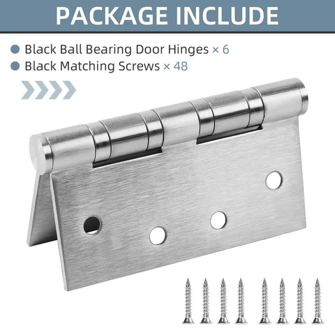Six Pack Stainless Steel 4 Inch Door Hinges Set With Ball Bearing, Heavy Duty Square Corner Hinge For Exterior And Interior Doors, Satin Nickel Finish, Includes 48 Matching Screws. 4-inch hinge with screws
