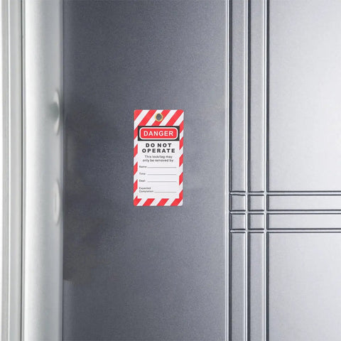 Industrial Safety Lockout Tags With Hanging Labels Kit for equipment repair on metal panel with bold warning.