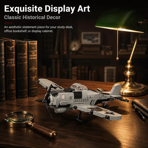 FW-190 Fighter Aircraft Build Kit With 503 Pieces For Adults And Hobbyists displayed on a wooden desk with books and lamp