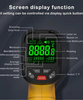 Infrared Temperature Gun With 50 To 1 Distance To Spot Ratio Minus 50 C To 1500 C Range About 2 Percent Accuracy Auto Power Off And Low Battery Indicator Non Contact Temperature Readings For Home Garage Workshop screen display and buttons