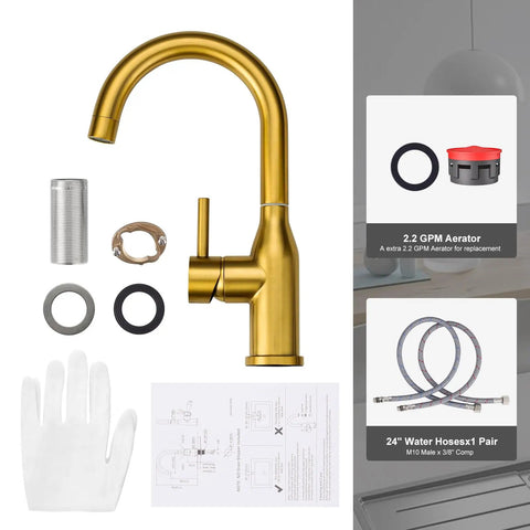 Components of Brushed Gold Bar Sink Faucet With Single Hole And One Handle Ideal For Small Kitchens Wet Bar Or RV Sinks Eleven Inch Tall