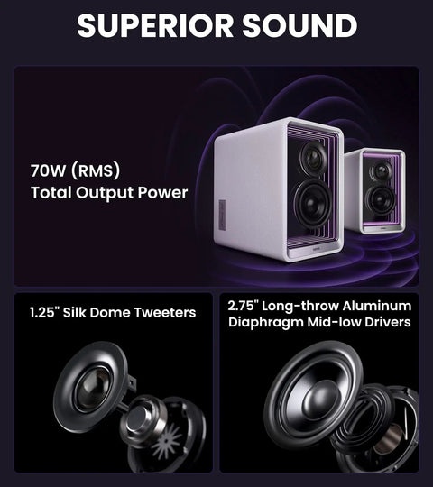 Desktop Active Monitor Speakers With 70W Total Power Hi Res Audio Two Point Seven Five Inch Long Throw Aluminum Diaphragm Mid Low Drivers Bluetooth Streaming Includes Stands White Finish Crisp Studio Quality Sound