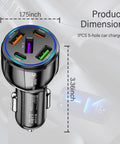 Upgraded Five Port Seventy Five Watt Car Charger Adapter With Ultra Fast Type C Plus Quick Charge Cigarette Lighter Plug dimensions 1.75x3.36 inches.