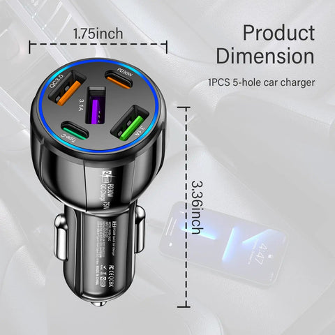 Upgraded Five Port Seventy Five Watt Car Charger Adapter With Ultra Fast Type C Plus Quick Charge Cigarette Lighter Plug dimensions 1.75x3.36 inches.