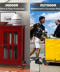 Heavy Duty 2 Inch Polyurethane Caster Wheels With Brake 8 Pack shown on a red cabinet for indoor use and a yellow cart for outdoor use.