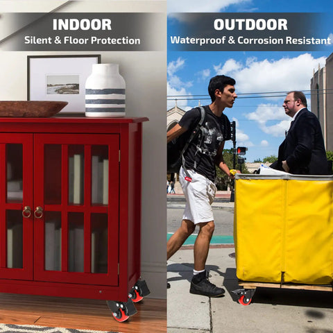 Heavy Duty 2 Inch Polyurethane Caster Wheels With Brake 8 Pack shown on a red cabinet for indoor use and a yellow cart for outdoor use.