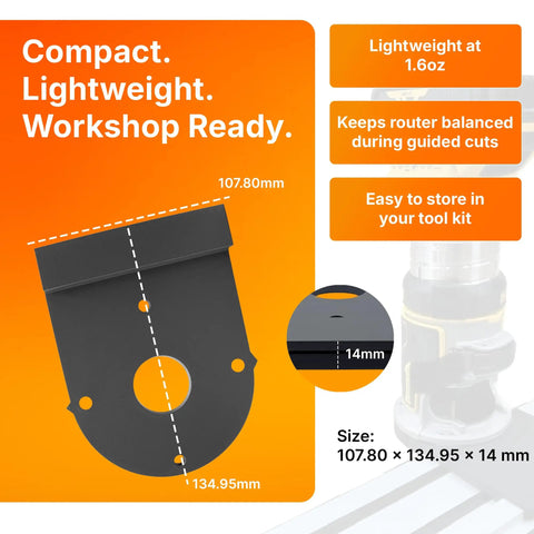 Router Rail Adapter For DeWalt DCW600 showing size dimensions and lightweight features on an orange background.
