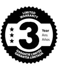 Limited warranty badge showing 3-year coverage with stars and multilingual text.