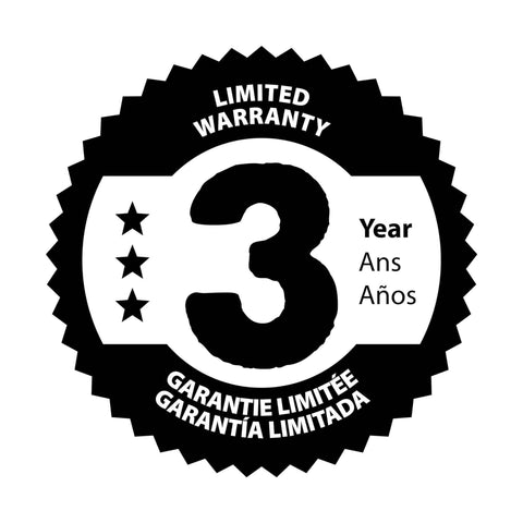 Limited warranty badge showing 3-year coverage with stars and multilingual text.