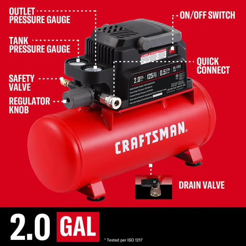 Craftsman 2 Gallon Portable Air Compressor Oil-Free With Accessory Kit Hot Dog Tank For Tire Inflation Nailing Home DIY Projects Compact And Powerful Tool Ready To Work Right Out The Box