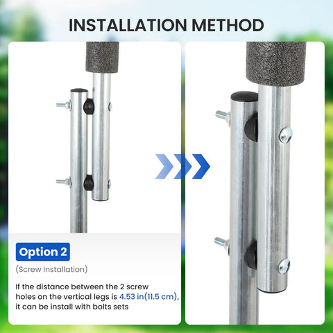 Installation method for Six Pack Curved Trampoline Replacement Poles Thick Galvanized Steel Upgrades showcasing screw options.