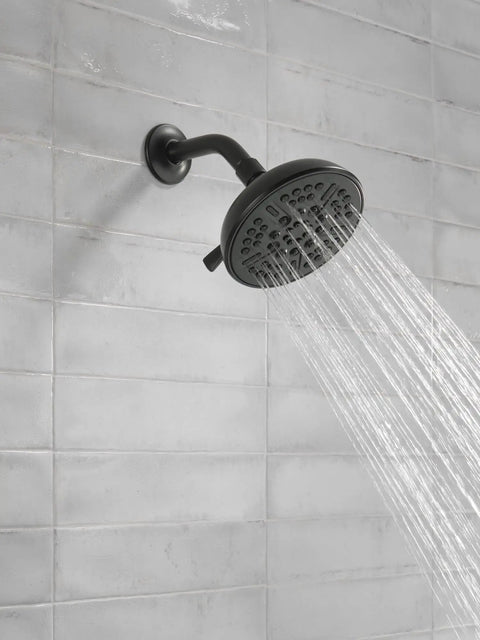 8 Spray Touch Clean Matte Black Shower Head With Full Body Spray Massage Shampoo Rinsing Pause Spray And Soft Full Spray Easy Clean Nozzles 2.5 GPM Water Flow Delivers A High Pressure Spa Like Shower Experience For Any Shower installed on white tile wall
