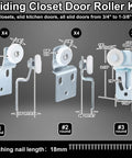 12 Piece Sliding Closet Door Roller Kit For Top Hung Bypass Wardrobe Doors With Three Quarter Inch Wheels In Two Offsets One Half Inch And Three Eighths Inch And Seven Eighths Inch Nylon Wheels With One Half Inch Offset on display