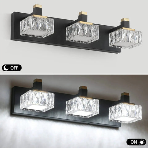 Three Light Black Brass Vanity Light For Bathroom Mirror LED Wall Fixture With Crystal Lampshades, shown off and on
