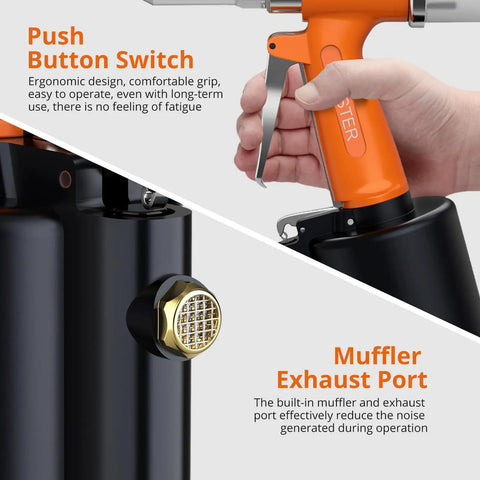 Heavy Duty Pneumatic Rivet Gun Kit With 500 Pop Rivets And Five Swappable Nosepieces Hella Strong showing ergonomic grip and muffler port.