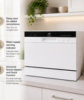 Hassle Free Countertop Dishwasher With Stainless Steel Tub And Delay Start For Small Apartments And Condos Quick Plug In Portable Washer With Smart Screen and water supply indicator on kitchen countertop.
