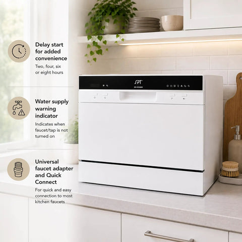 Hassle Free Countertop Dishwasher With Stainless Steel Tub And Delay Start For Small Apartments And Condos Quick Plug In Portable Washer With Smart Screen and water supply indicator on kitchen countertop.