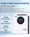 Heavy Duty 6500W Hybrid Solar Inverter With Built In 120A Mppt Charge Controller Pure Sine Wave Off Grid Power Box front view.
