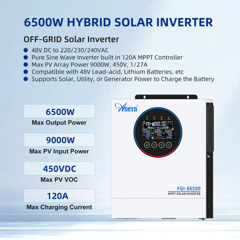 Heavy Duty 6500W Hybrid Solar Inverter With Built In 120A Mppt Charge Controller Pure Sine Wave Off Grid Power Box front view.