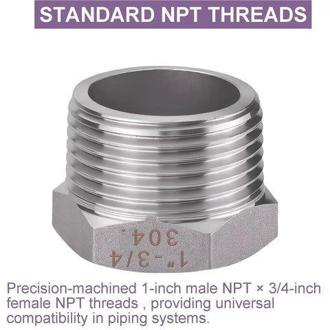 4 Pack Stainless Steel Reducer Hex Bushings 1 MNPT To Three Quarter Inch FNPT Pipe Fitting Adapters With Seal Tape 304 Stainless Steel Water Plumbing Kit, 1 MNPT x 3/4 FNPT