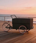 Heavy Duty Outdoor Coffee Cart with Canopy on wooden pier at sunset for mobile vending or pop up market sales.