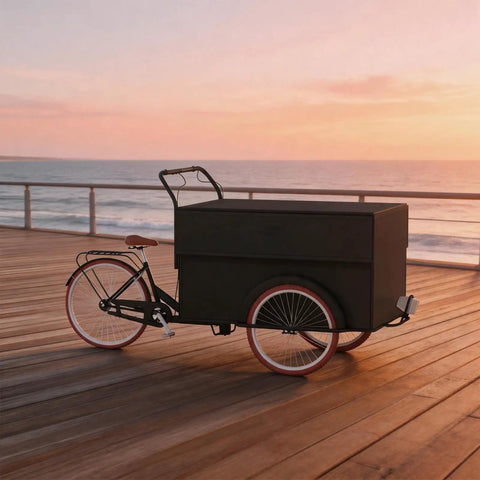 Heavy Duty Outdoor Coffee Cart with Canopy on wooden pier at sunset for mobile vending or pop up market sales.
