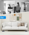 Comparison showing heavy furniture moving: top image with people carrying couch, bottom image with couch on Heavy Duty Furniture Sliders With Wheels For 700 Lbs Load, 4 Metal Sliders With Anti Slip Pads And Brakes, Appliance Roller Dolly For Couches And Sofas, Easy Moving And Safe Handling Of Heavy Furniture.
