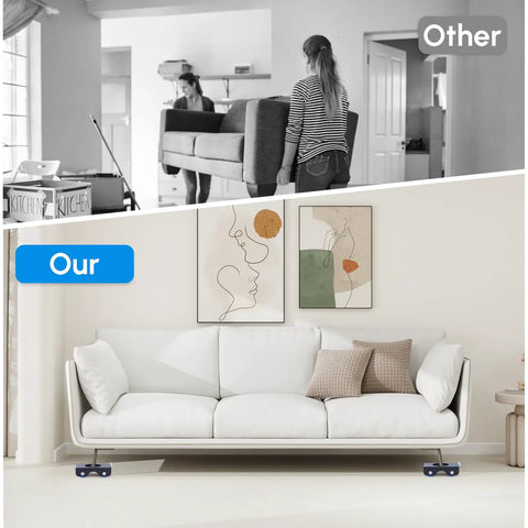 Comparison showing heavy furniture moving: top image with people carrying couch, bottom image with couch on Heavy Duty Furniture Sliders With Wheels For 700 Lbs Load, 4 Metal Sliders With Anti Slip Pads And Brakes, Appliance Roller Dolly For Couches And Sofas, Easy Moving And Safe Handling Of Heavy Furniture.