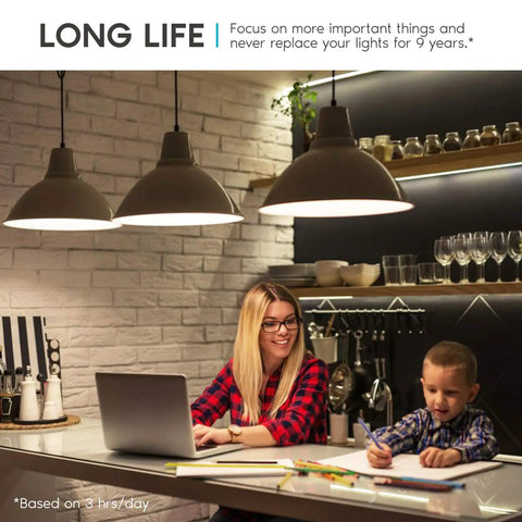 Woman and child under pendant lights using A15 LED Bulb 7W 600 Lumens 3000K Soft White Dimmable Enclosed Fixture Rated E26 Base
