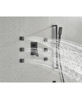 Wall Mounted Shower System with 6 Body Sprays and Hand Shower spraying water from multiple angles on a marble wall.